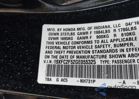 2016 Honda Civic Lx z USA, uszkodzony, nr VIN 19XFC2F52GE055325